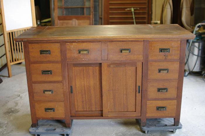 古い木の引出し台/作業台/レジカウンターテーブル▼アンティークレジ台店舗陳列什器カフェ