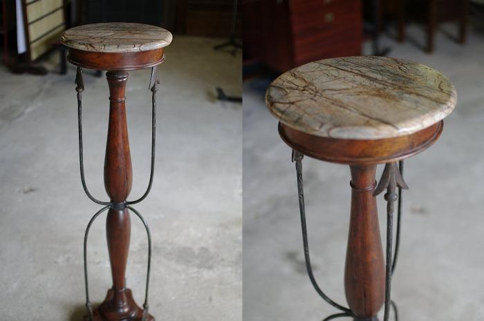 大理石と銅の木製飾り台 フラワースタンド 花台▼玄関 アンティークガーデンオブジェ