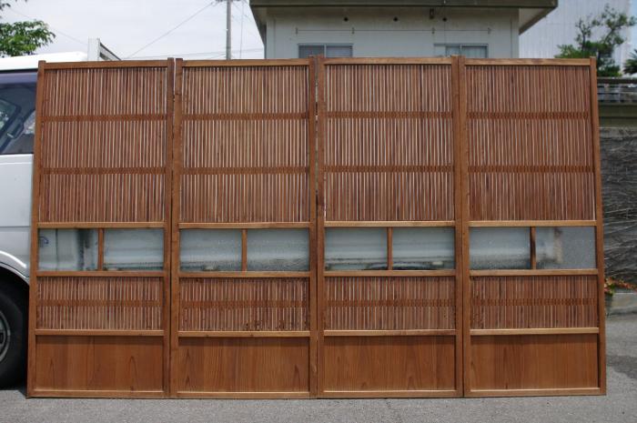 結霜&amp;ダイヤガラスの格子戸/千本格子4枚組▼アンティーク建具蔵戸町屋古民家帯戸