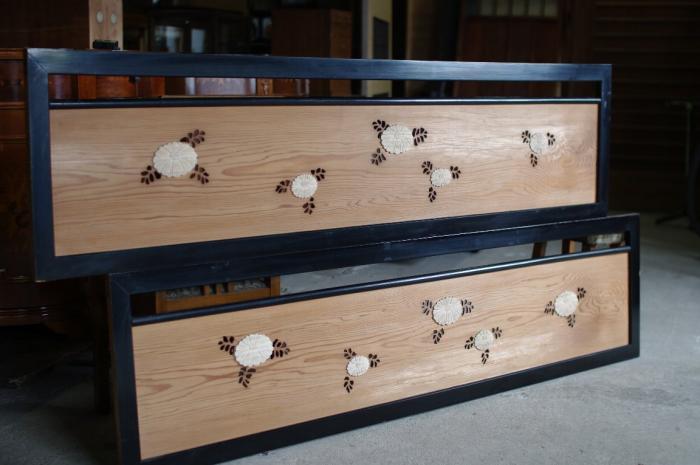 花と透かし欄間一対▼アンティーク書院指物建具明り取り町屋衝立