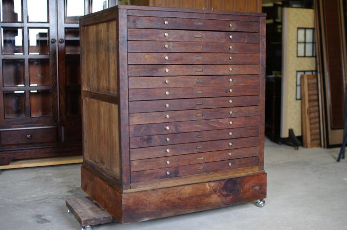 引出し14杯/引出し棚/ネームプレート付き▼製図棚図面保管庫アンティーク収納棚書棚昭和レトロ