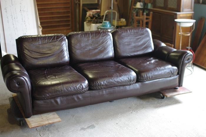 ヴィンテージな本革3Pソファ▼トリプルソファカフェ長椅子ミッドセンチュリー70's