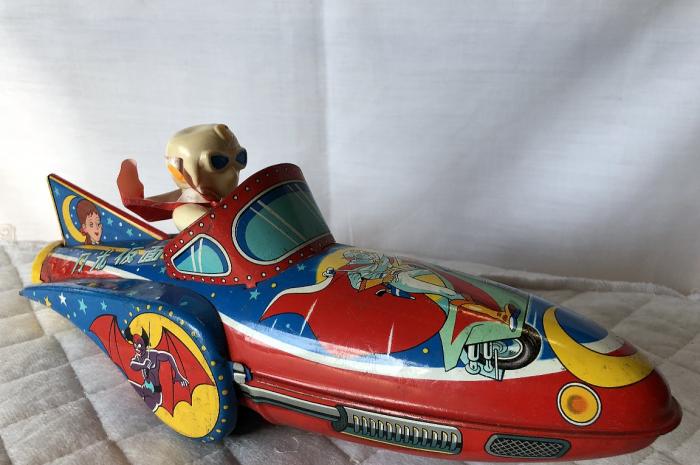 当時物 ブリキ マスダヤ 月光仮面 ロケット フリクション▼増田屋月光仮面マント付ソフビ人形