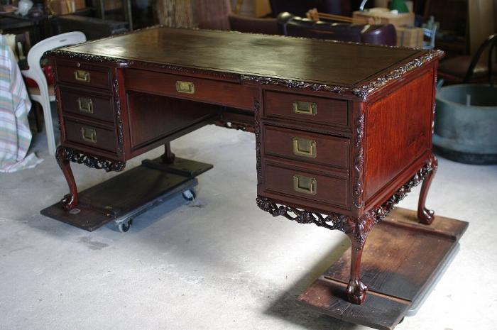 中国高級家具 手彫唐木 猫脚 両袖机▼エグゼクティブデスク書斎机プレジデントデスク