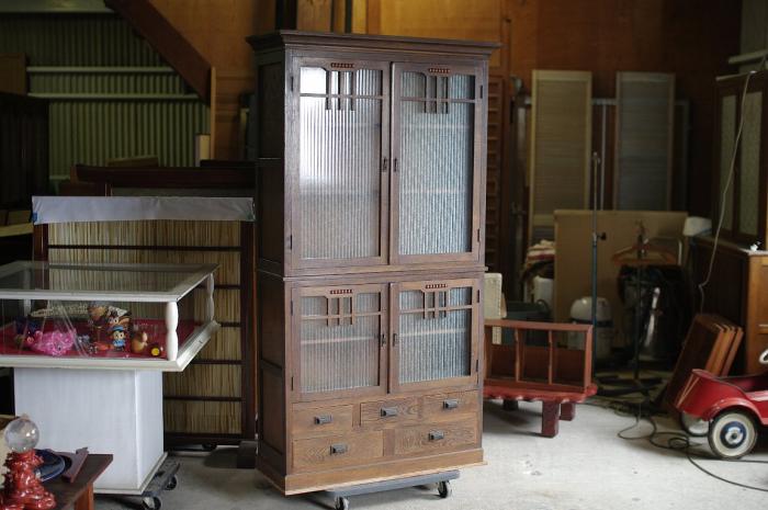 銀モールガラスの瀟洒な木製戸棚/引出し5杯/洋館家具▼アンティーク応接家具大正浪漫