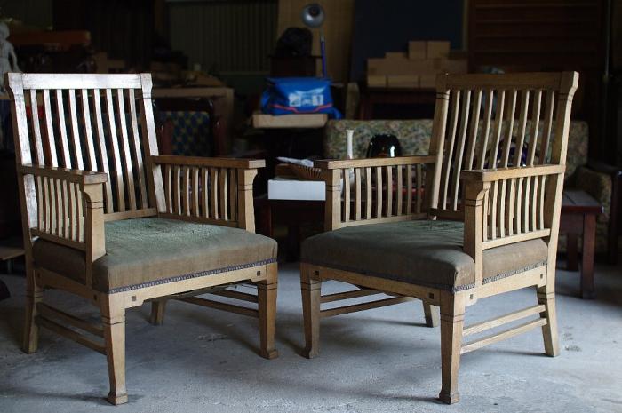 戦前 楢材の象嵌アームチェア2脚/シングルソファ1Pソファ▼大正浪漫アンティーク椅子昭和レトロカフェ応接セット洋館家具