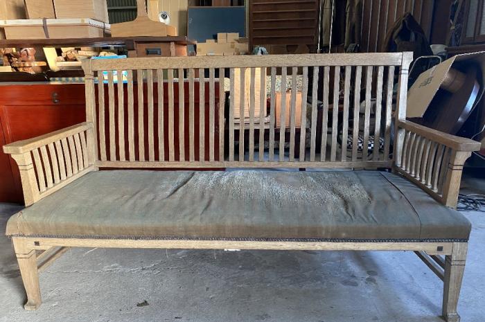 戦前 楢材の象嵌 長椅子 アームチェア 2Pソファ ベンチ▼大正浪漫アンティーク椅子昭和レトロカフェ応接セット洋館家具