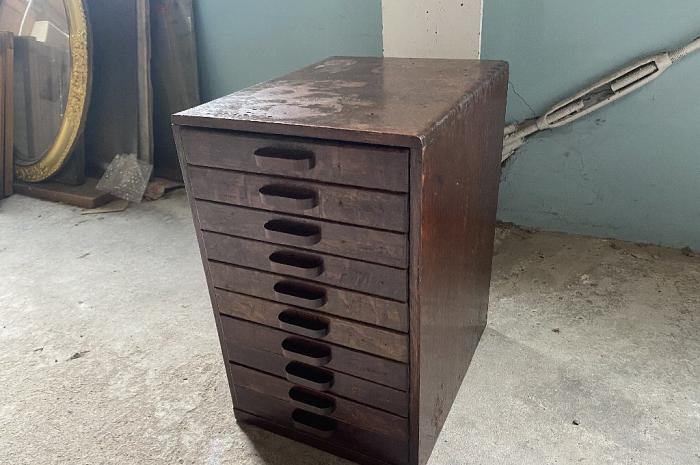 楢材の引出し10杯/引出し棚▼アンティーク収納棚書棚昭和レトロ工業系