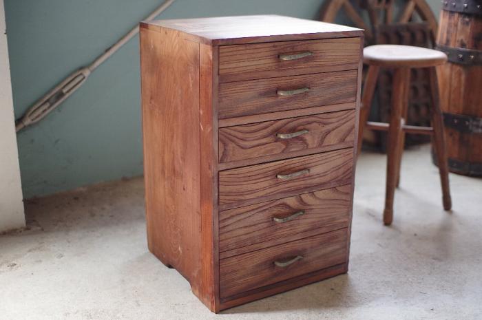 欅前板の大きな引出し6杯/鶴首取っ手金具/引出し棚▼アンティーク収納棚書棚昭和レトロ