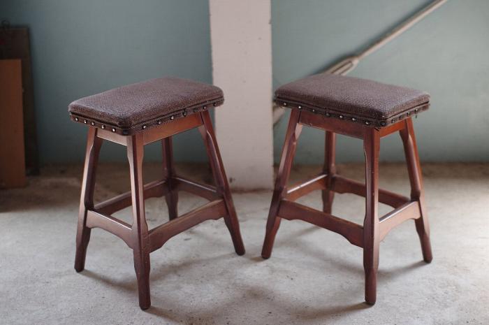 楢材のスツール/角椅子2脚セット▼アンティークチェア昭和レトロ家具