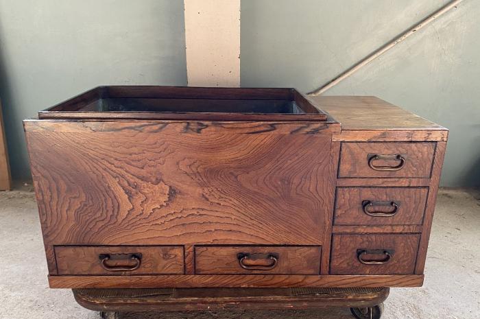 欅&amp;黒柿 関東火鉢 長火鉢 けやき 泡杢/玉杢 帳場▼囲炉裏テーブル引き出し手焙り茶室古民芸