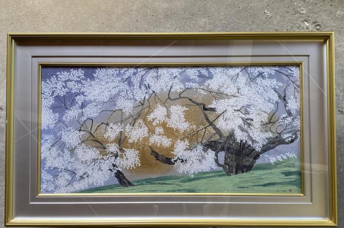 中島千波「臥龍桜爛漫」151/300 シルクスクリーン 直筆サイン 落款 額装品▼真作保障