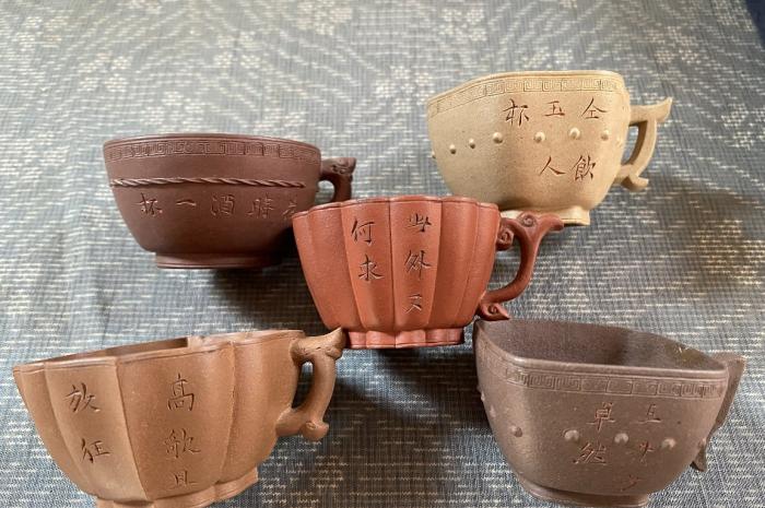 逸品!中国宜興 紫砂 朱泥 漢詩彫 雲清 茶器5点セット 在銘 共箱▼中国茶器揃煎茶道具古玩